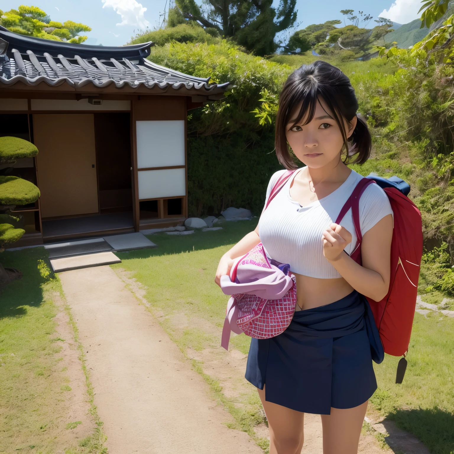 1 girl, 24 years old girl, cute girl, (wearing pink t-shirt and orange short pants), big blue backpack on her back, inside cave, holding fire torch,  real skin, realistic skin, detailed skin features, detailed skin texture, detailed clothes features, body proportions, voluptious body, ultra-detailed, real face, detailed facial features, short brown hair, undercut hair, short hair bangs,  beautiful eyes, brown eyes, detailed eyes, open mouth, parted lips, gloss on lips, amazed face, detailed face, best quality, masterpiece, 8k, RAW photography, cinematic lightning, (Best Quality:1.4), 8K resolution, High resolution, (Photorealistic, High resolution:1.4), Raw photo, (Realistic, Photorealistic:1.37),