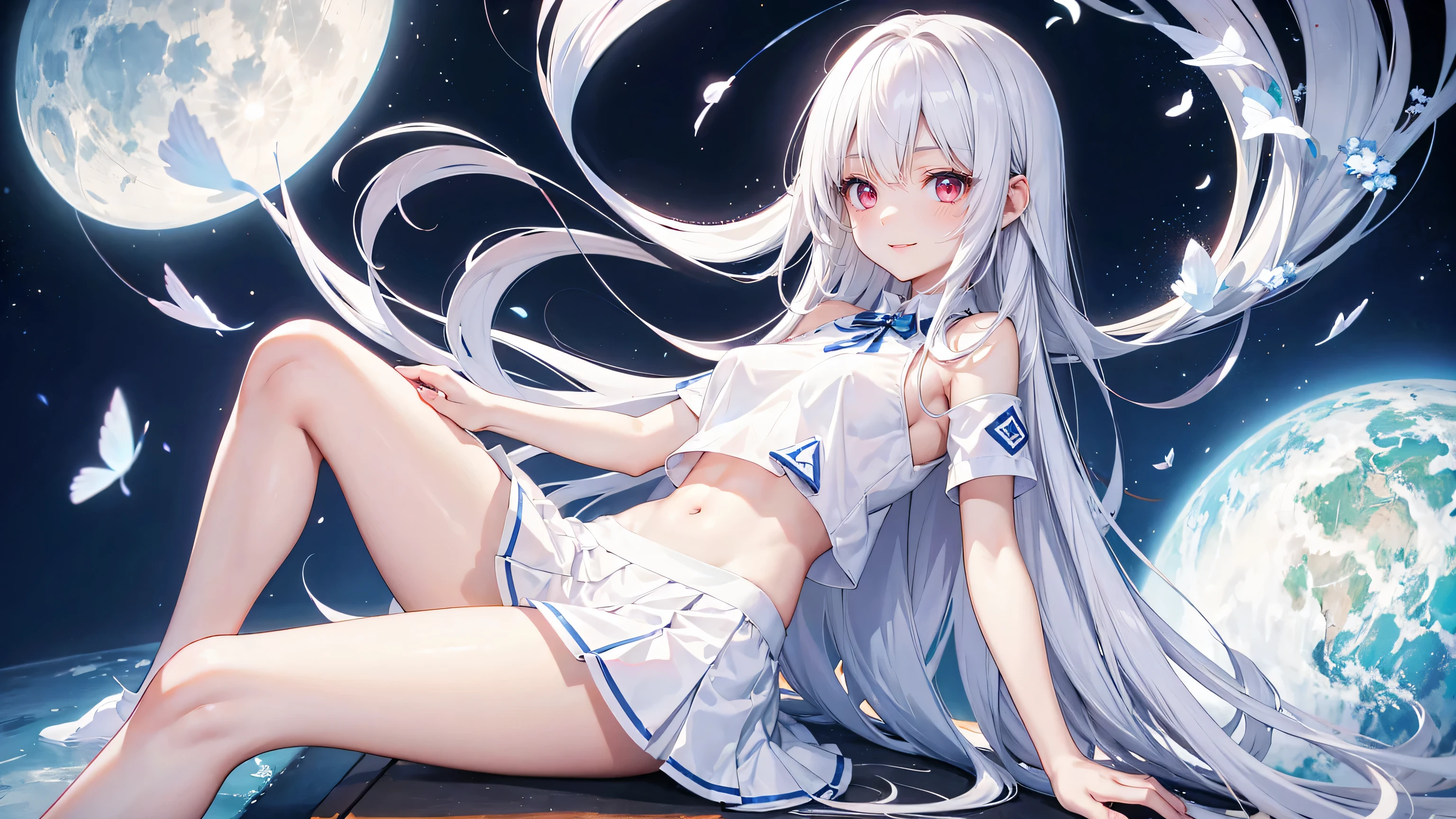 Very cute girl、()、White Hair、Long Straight Hair、Bangs are too close to the eye、Light red eyes、(Normal human ear)、Thin arms、Beautiful body、Slim legs、Shapely breasts、Transparent white skin、smile、(T-Shirtini skirt、White and blue)、I know the shape of the nipples、Ultra HD、Digital SLR,Sit on、