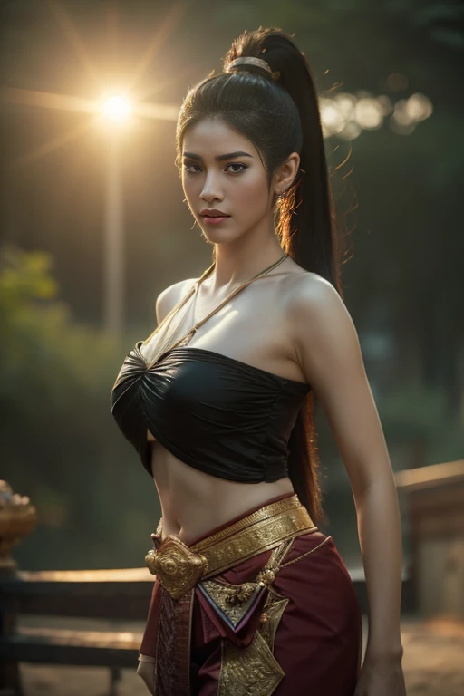 beautiful girl ,Thai Women&#39;s Warriors, walking at thai measure, dynamic poses, Thai Noi, long ponytail,black eyes,abdominal muscles, plump body, rounded chest, (big breast:1.3), rift, morning sun, staring at the audience, (dynamic poses), ((face details)), Double eyelids, finished, realistic, Masterpiece, Highest quality, lens flare, shade, old measure, measure, [[Chromatic aberration]], By Jeremy Lipking, By Antonio J.. Manzanedo, digital painting, HDR, high contrast
