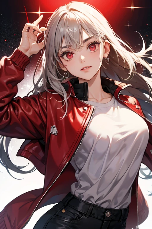 She is a dark gray with a light gray underside and red eyes. She wears braces and a red leather jacket over a white shirt. SPARKLE; GLITTER