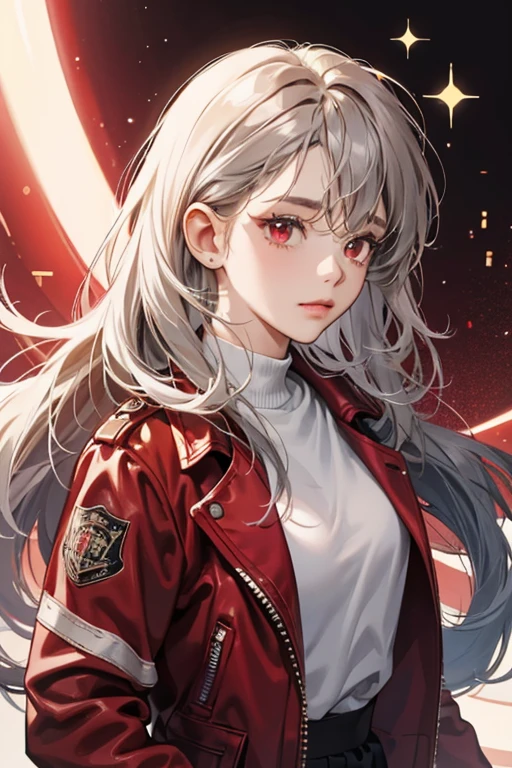 She is a dark gray with a light gray underside and red eyes. She wears braces and a red leather jacket over a white shirt. SPARKLE; GLITTER