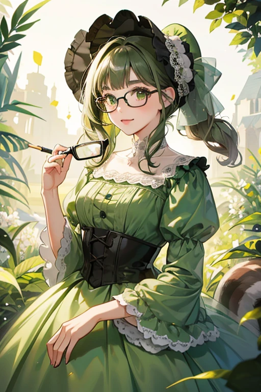 She is a graphite squirrel wearing a green dress, bonnet, and glasses. SPARKLE; GLITTER