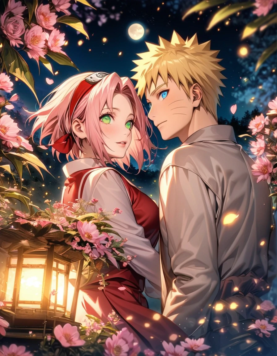 Ultra detailed, highres, absurdres, HDR, Haruno Sakura, pink short hair, green eyes, Uzumaki Naruto, blue eyes, blond hair, Naruto Shippuden, pink flowers, petals, fireflies, moon, 1 woman together with 1 man, couple, handsome, beautiful, very detailed face and eyes