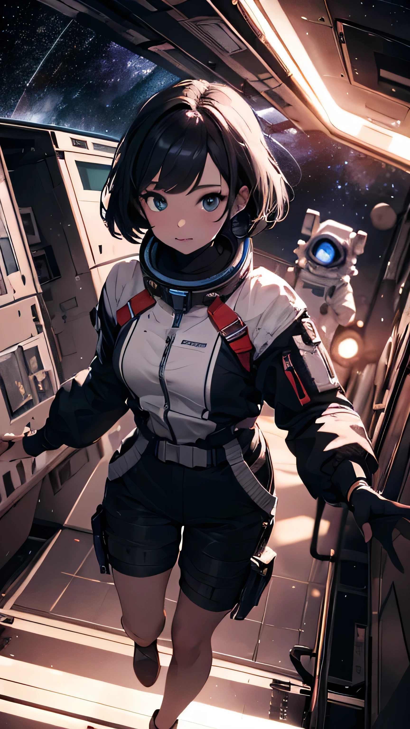 absurd res, high res, (masterpiece:1.4), ultra-detailed, 1girl, from above, space, floating, cinematic lighting, best quality.