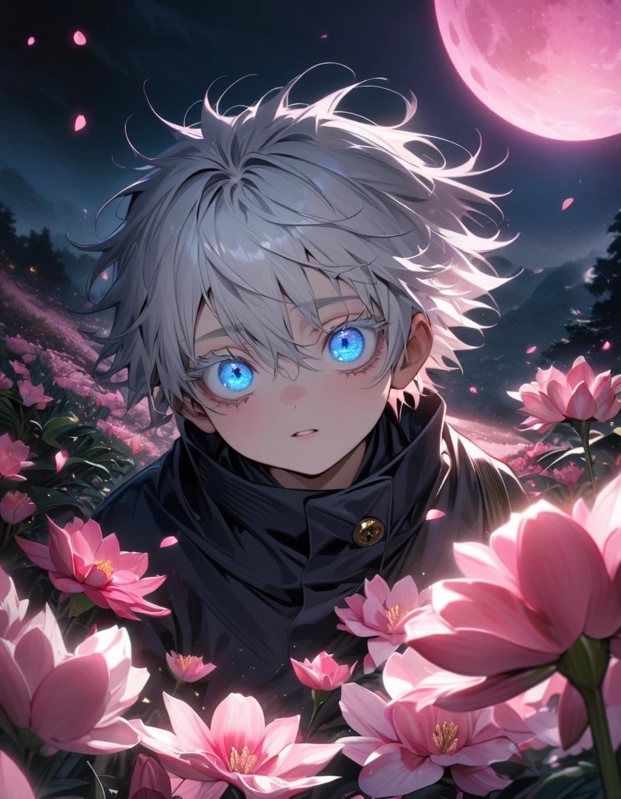 absurdres, highres, ultra detailed, HDR, master piece, best quality, extremely detailed face and eyes, Gojo Satoru, white hair with bangs, hair between the eyes, expressive blue eyes, white eyelashes, Jujutsu Kaisen, solo, little boy, cute, pink petals, pink lilies, pink moon, fireflies