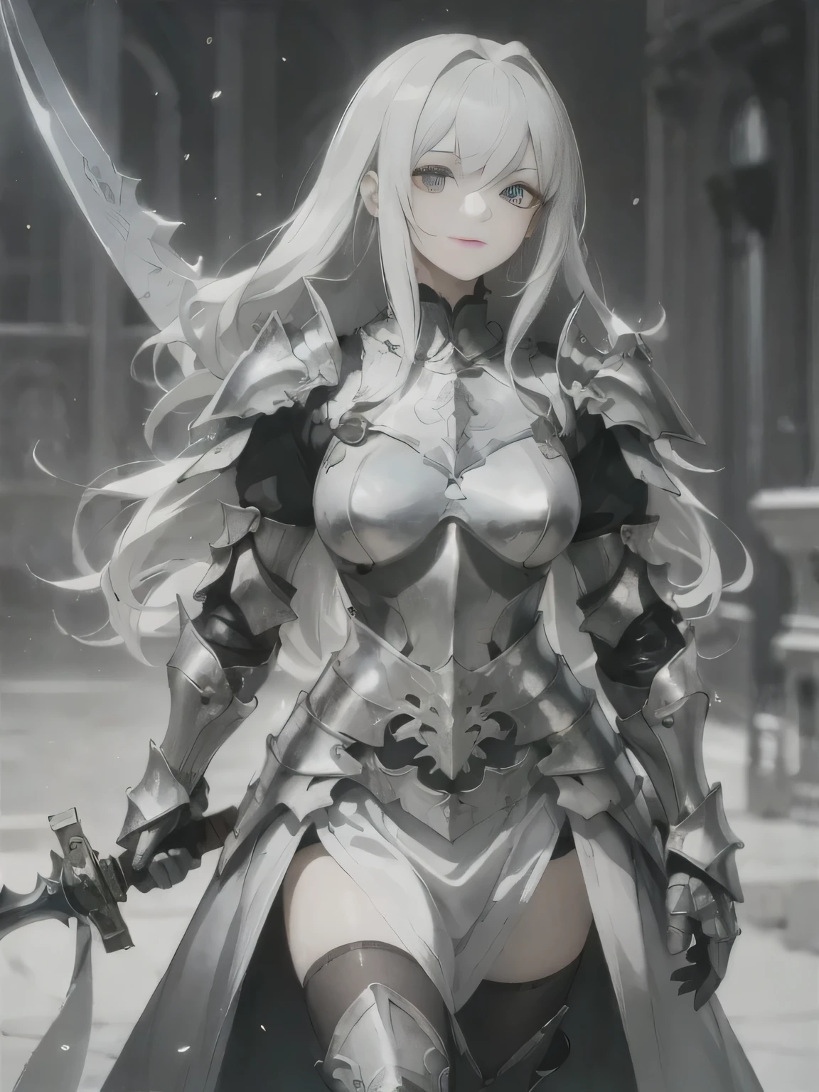 one wearing armor、Close-up of woman holding sword, Armor Girl, Light black armor, white armor, glossy white armor, Neil autoamata, Guweiz on Artstation Pixiv, Guweiz on Pixiv ArtStation, from Ark of Tomorrow, Wearing sleek silver armor, Neil, detailed white armor, Female Knight, Neil 2 b, Ark of Tomorrow
