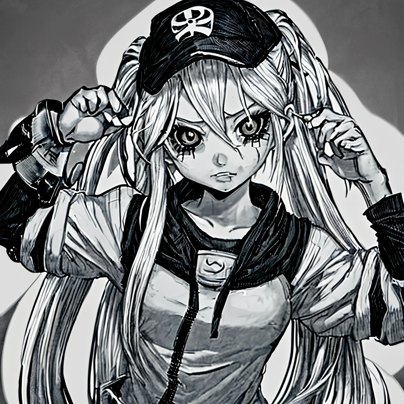 Chica de cabello ondulado y ojos grandes al estilo de el manga de Boku no hero echo por konei horikoshi en blanco y negro con el uniforme de la UA