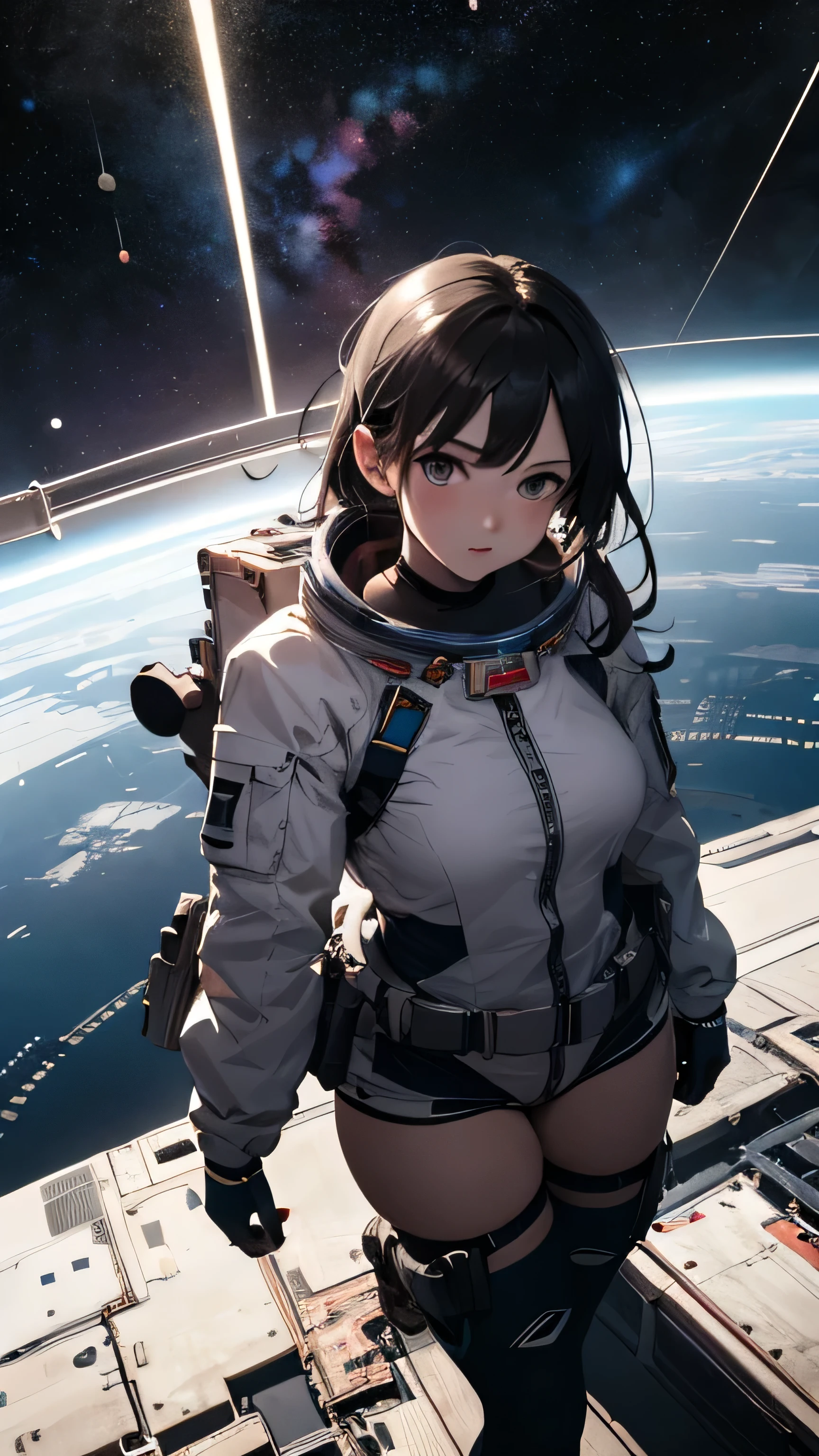 absurd res, high res, (masterpiece:1.4), ultra-detailed, 1girl, from above, space, floating, cinematic lighting, best quality.