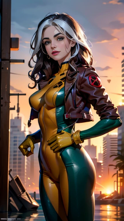 jenna louise coleman、Wet、Full body view, Long Hair, brown hair, Green Eyes, lipstick, compensate, lips,Emphasize cleavage、 sexy、White stripes in hair, like, Wavy Hair, Messy Hair, Curly Hair, middle～Large breasts, Surface Plot, ((Kelli Berglund:Bailee Madison:0.5)), 黄colorのスーツ, Jacket, gloves, belt, gloves amarillos, Green Suit, (Bodysuits:1.4), Traje multicolor, (Superhero:1.4), tight skin, Ropa multicolor, Garden and wisteria background, Official Art, extremely detailed CG 8k wallpaper, Perfect lighting, De color, bright_amount_method_Light, piel bright, (masterpiece:1.0), (Better_quality:1.0), Ultra-high resolution, 4k , Super detailed, Director of Photography, 8k, HDR, Altas ResoLightones, (Disorganized:1.2), Kodak Portrait 400, Film Grain, blurred background, (Bokeh:1.2), Lens flare, (Vibrant_color:1.2), Professional photography, (beautiful_method:1.5),More detailed 8K.Unreal Engine:1.4,Hmm,La Better calidad:1.4, Realistic:1.4, skin temperature:1.4, masterpiece:1.8,masterpiece, Better calidad,Object Object], (Detailed facial features:1.3),(Antesedentes apocalyptic destroyed city:1.4), (Apocalyptic Sunset:1.4)
