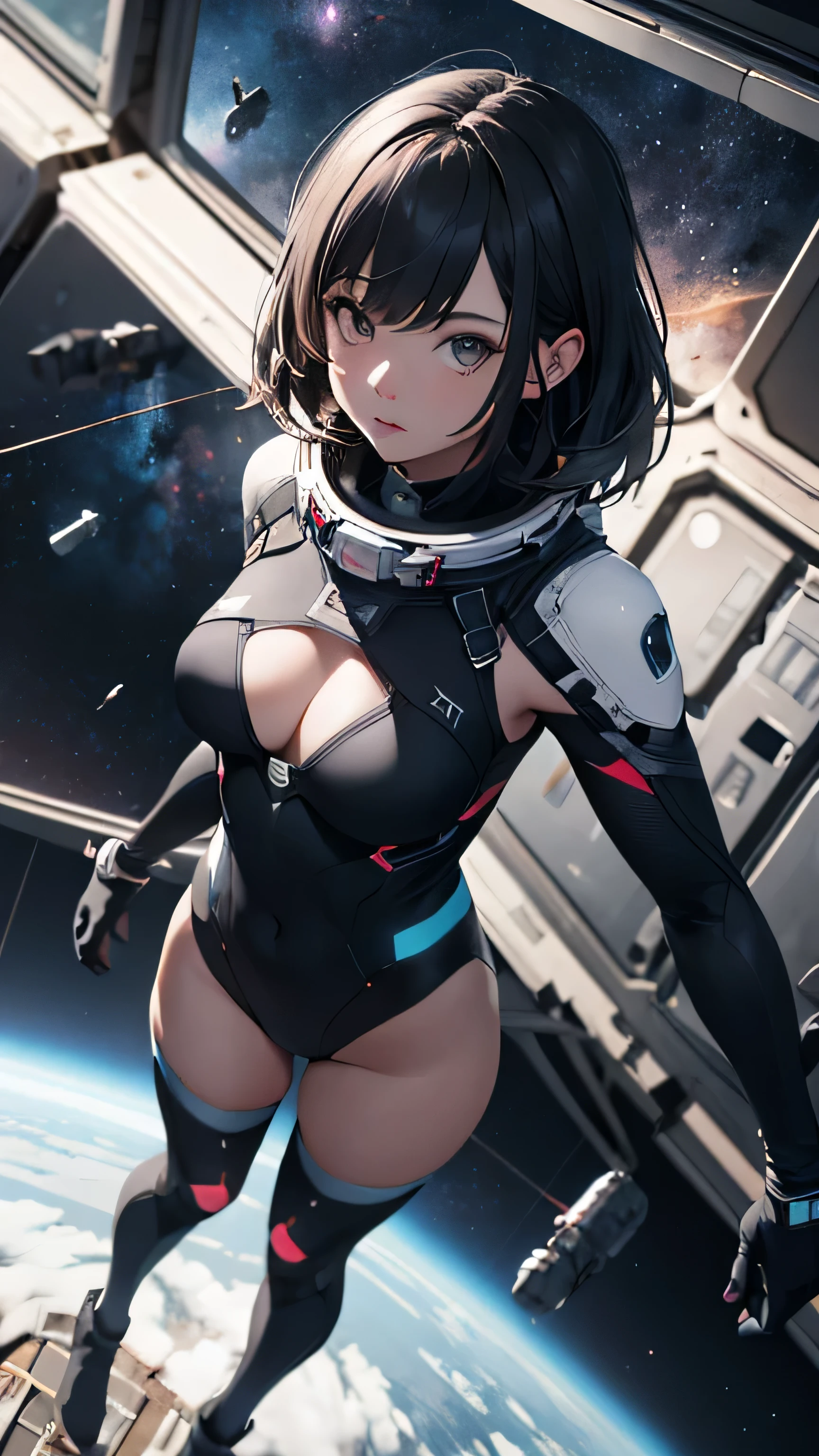 absurd res, high res, (masterpiece:1.4), ultra-detailed, 1girl, from above, space, floating, cinematic lighting, best quality.