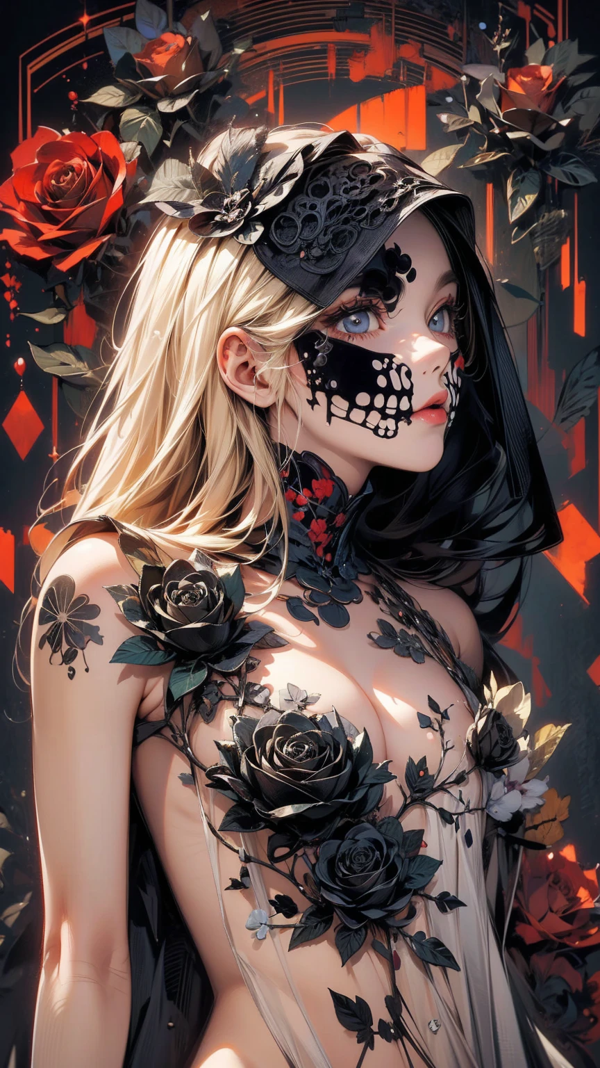 (masterpiece, High resolution, highest quality), Upper body focus:1.3, A 20-year-old woman wearing a large black cloth over her naked body., Skull Face Mask, Blonde Hair, Disorganized, Black Rose Collage, abstract design, artistic juxtapositions, Black Background, mixed-media approach, Anime Style, simple lines, Digital Painting,