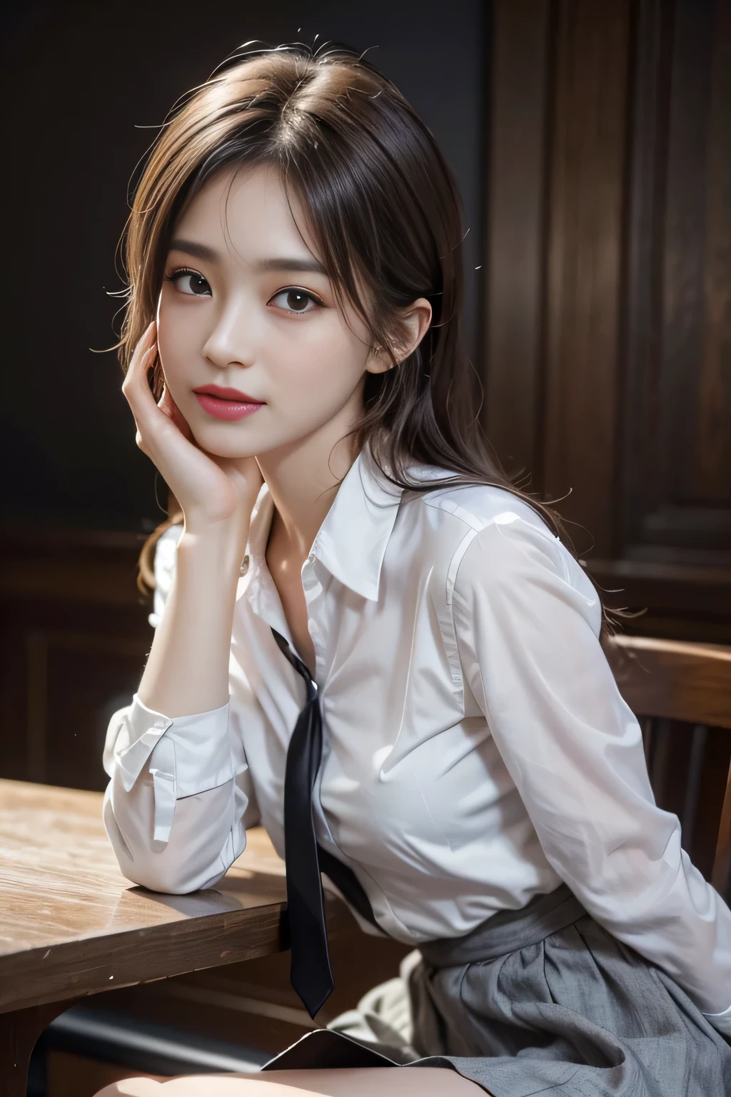 Tabletop, highest quality, Realistic, Very detailed, finely, High resolution, 8k wallpaper, One beautiful woman,, Light brown messy hair, He is wearing a black see-through dress shirt with an open collar..., Sharp focus, Perfect dynamic composition, Beautiful and detailed, Thinning hair, Detailed Realistic skin texture, smile, Close-up portrait, Model Body Type、president'secretary、mini skirt、High heels、