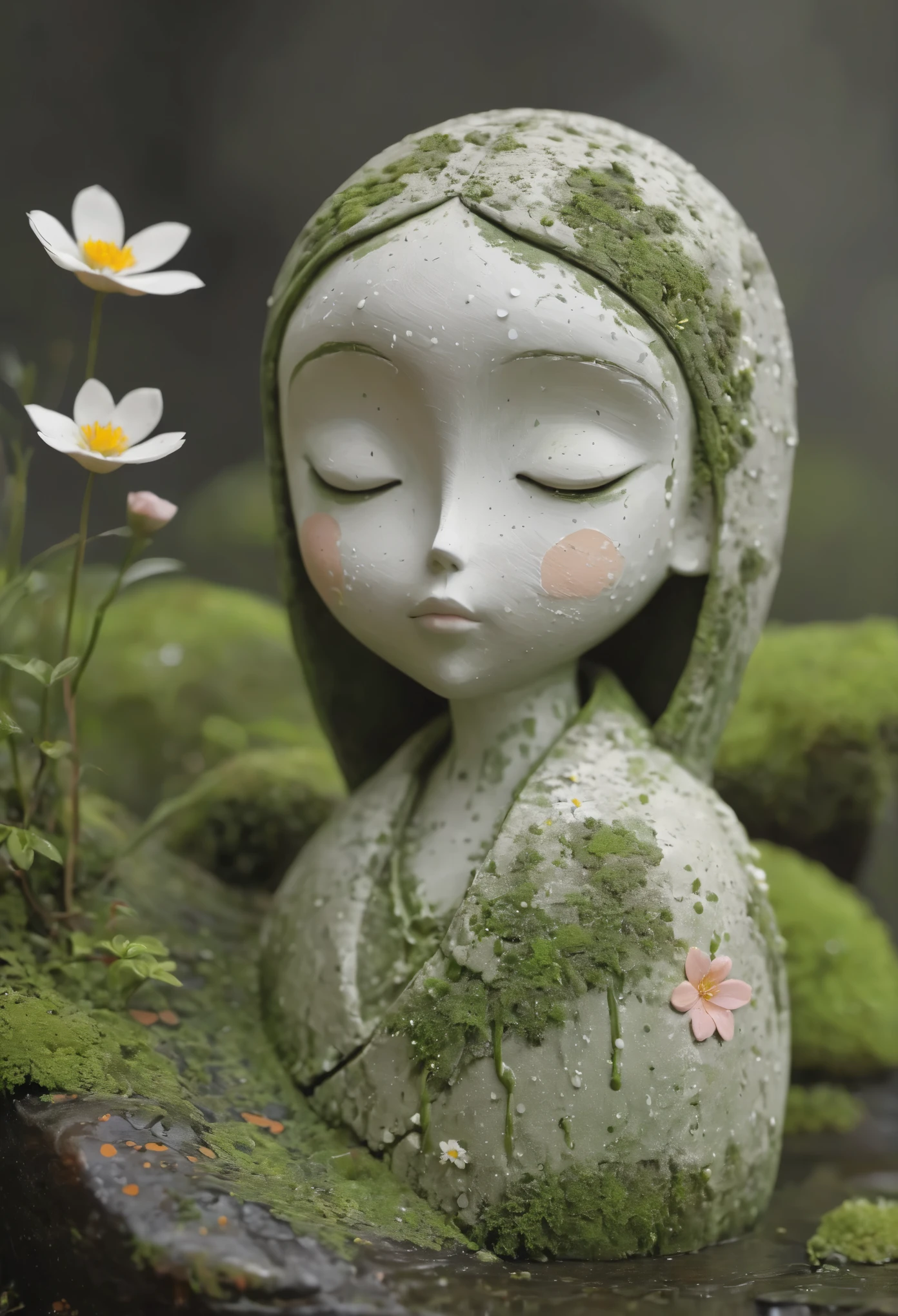 Abandoned clay sculpture，Minimalist Sculpture，3D， 1 Girl, Solitary,  blush,Rough surface，Surface pattern and texture，Surface scratches，grainy，Old，Broken。moss，rain，A small white flower,One
