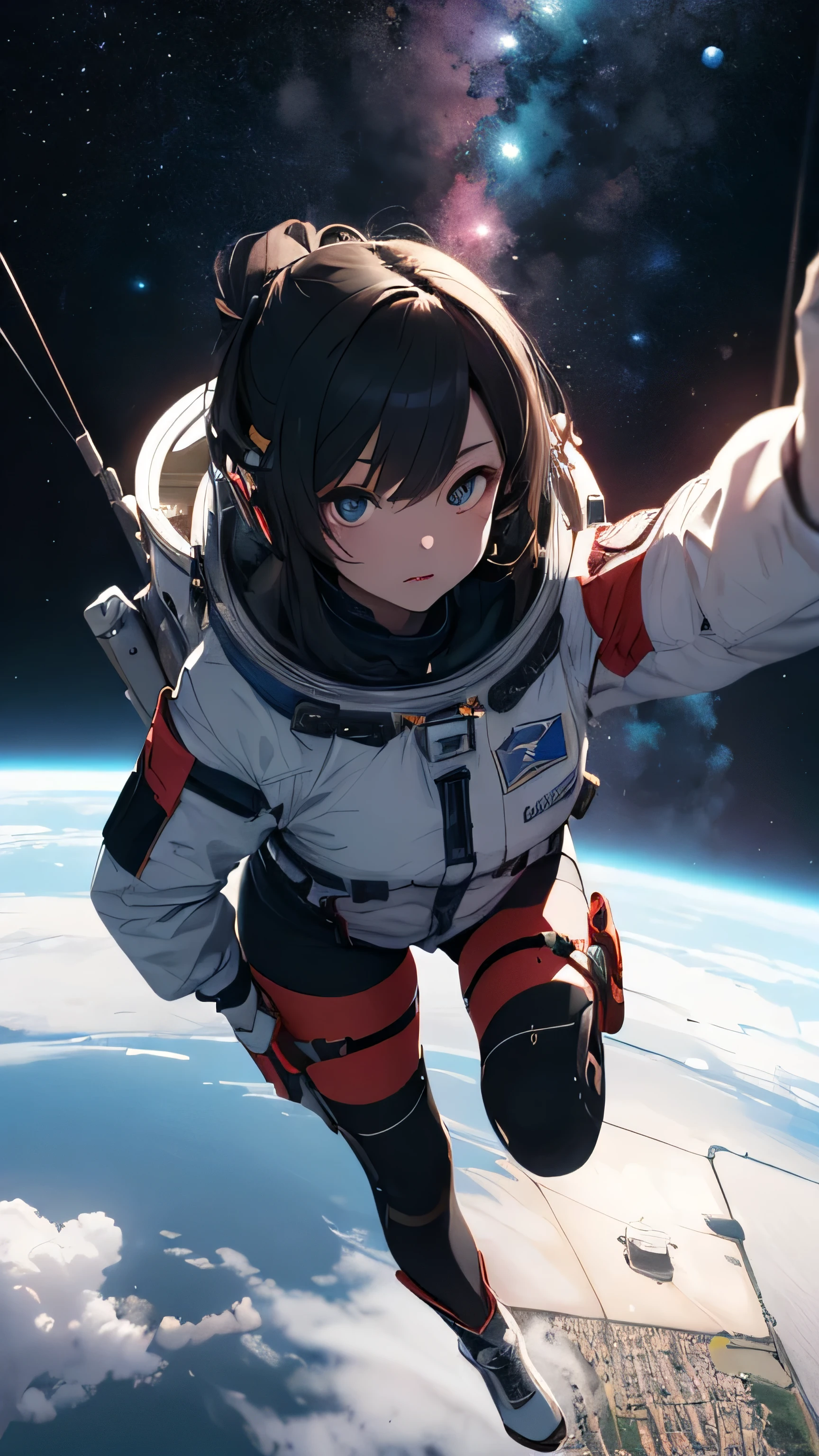 absurd res, high res, (masterpiece:1.4), ultra-detailed, 1girl, from above, space, floating, cinematic lighting, best quality.