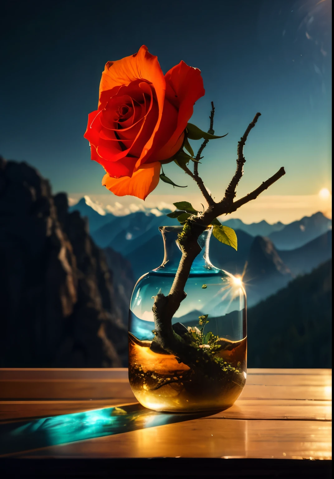 （Landscape with roses in a jar：1.6），Roses bloom on the branches of a nodal image，超Realisticなリアリズム，A poetic and intimate mountain rock scene，Realistic，Refraction of atmospheric light，On a wooden table，photograph：Lee Jeffries，Nikon d850 film stock photos 4 kodak portra 400 camera f1.6 shots，Rich colors，Ultra-realistic texture，Dramatic lighting，Unreal Engine Trending on Artstation cinestill 800，Style-Glass、sun