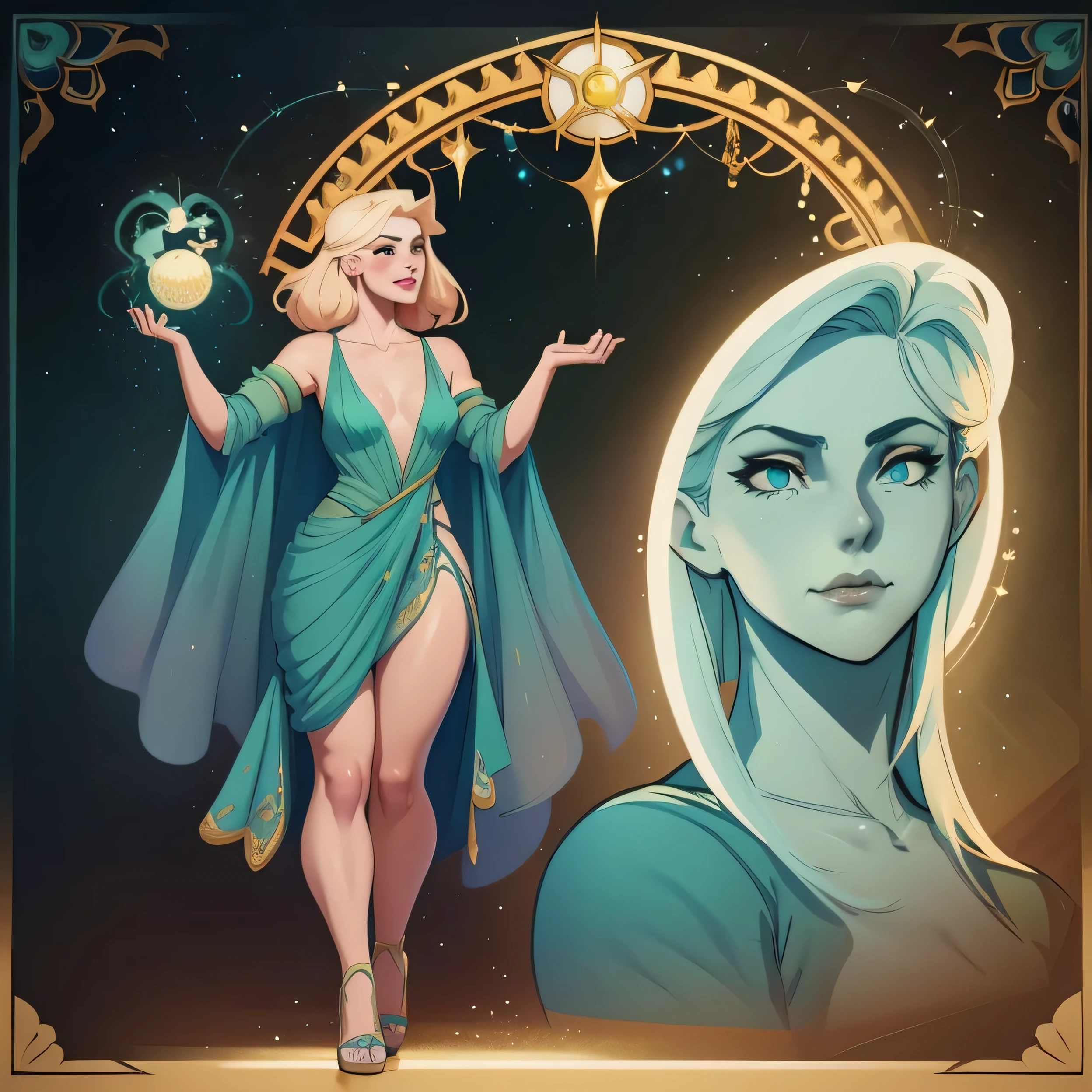 araffe in a green dress standing in front of a gold and blue wall, concept art inspired by Charlie Bowater, Artstation contest winner, fantasy art, charlie bowater character art, charlie bowater art style, artgerm and atey ghailan, charlie bowater rich deep colors, style ivan talavera and artgerm