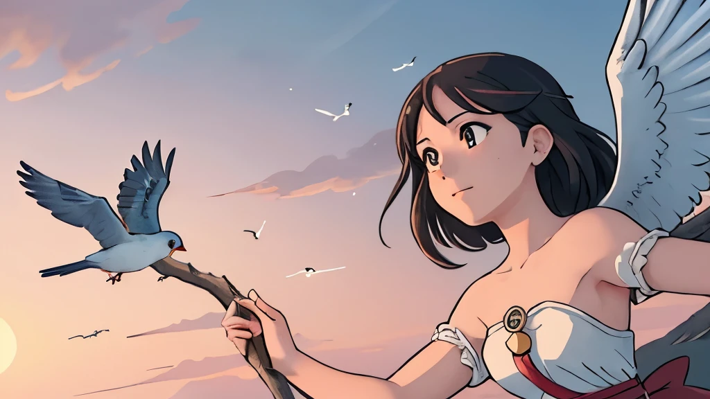 HQ, comic, anime manga. The scene opens with a serene landscape, bathed in the warm glow of the setting sun. In the foreground, we see two birds, a male and a female, perched on a branch, their feathers gently ruffled by the breeze. The male bird, with vibrant plumage, represents strength and determination, while the female, with softer, delicate features, symbolizes grace and resilience.
As the narration begins, the camera zooms in on the birds, capturing the determination in their eyes as they prepare to take flight. With a powerful beat of their wings, they launch themselves into the air, soaring gracefully against the backdrop of the colorful sky.
As they ascend higher, the wind begins to pick up, creating turbulent currents that buffet them from side to side. Yet, they remain steadfast, their wings intertwined as they navigate the challenges together. Despite the uncertainty and chaos around them, their bond only grows stronger, fueling their determination to persevere.
With each beat of their wings, they rise above the tumultuous winds, their flight becoming more synchronized and harmonious. The camera pans out, revealing the birds soaring majestically through the sky, their silhouettes illuminated by the fading sunlight.
As the narration concludes, the birds continue their journey, their love propelling them forward with unwavering resolve. Against the backdrop of the tranquil evening sky, they serve as a symbol of resilience, unity, and the enduring power of love. ghibli style anime, hand drawn.