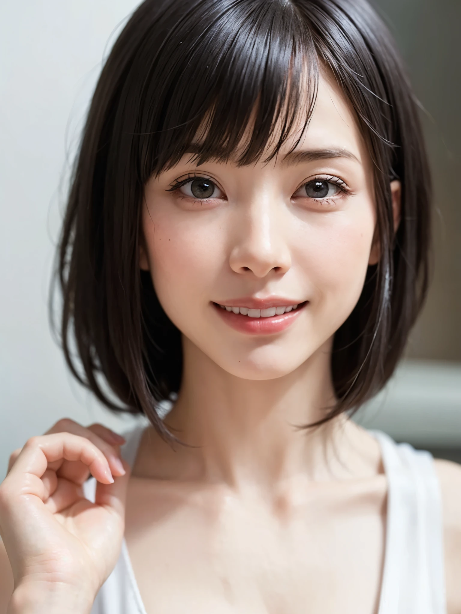 1 girl、highest quality、Realistic、alone、Written boundary depth、Natural soft light、Daytime、charm、Beautiful Face、Cleanliness、Pure Face、White skin、cute、short hair、bright hazel eyes:1.6、Beautiful Lips、bangs、Beach、Light of the sun、Nedium Breast Body Esbian、((黄金比のBeautiful Face、 対称性のあるBeautiful Face))、Long neck、show me your ears、Stick out your ears。bangsのあるきれいな短いボブヘア、smile with your mouth closed、Perfect hands指、Perfect hands、Perfect body、Perfect Face、Shine a light into your eyes、Perfect Anatomy:1.6、とてもcuteスーパーモデル:1.6、{Huge|big|Hugeな|Mega} chest, chestの谷間、smile:1.6、Very beautiful teeth:1.6