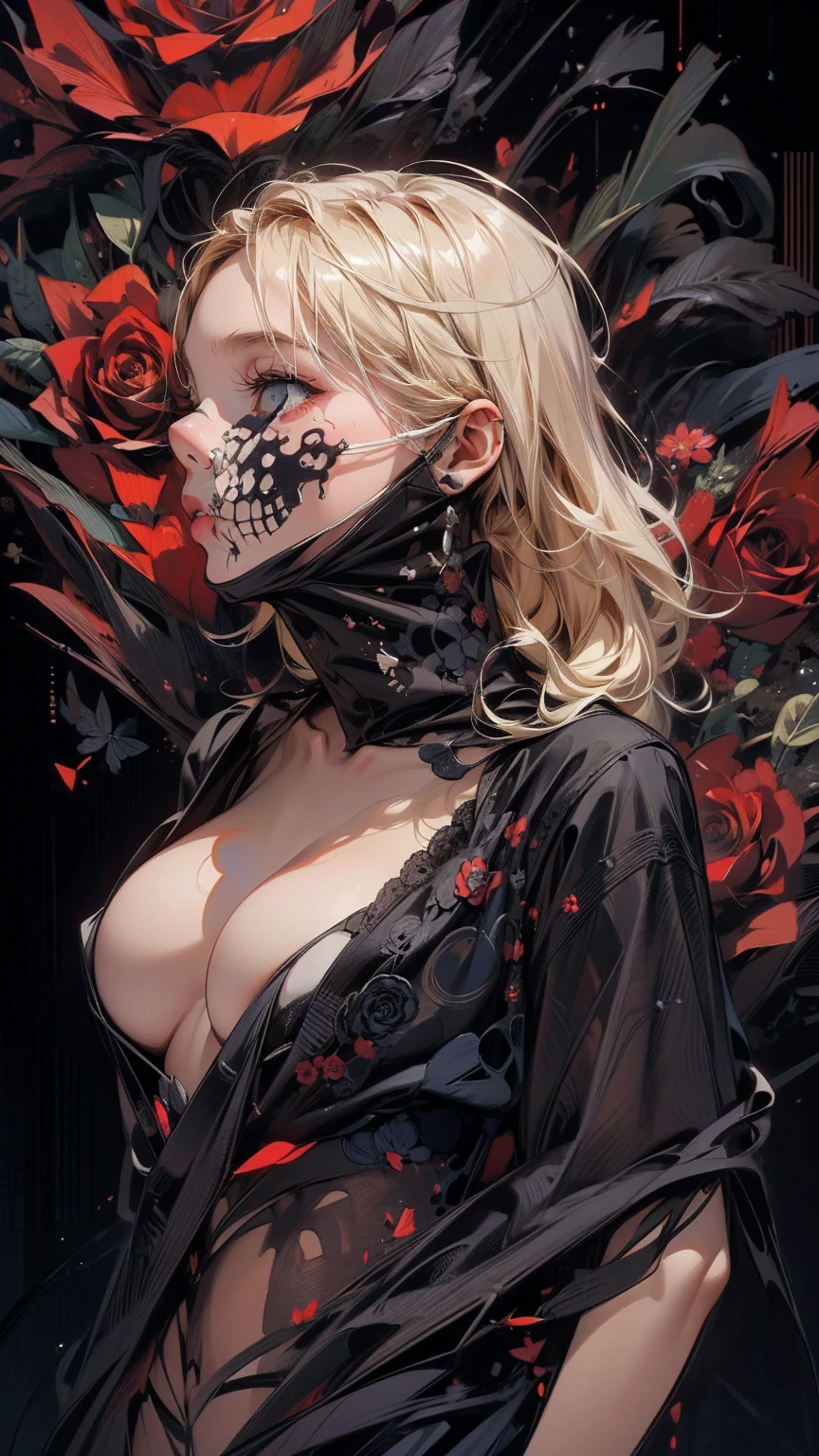(masterpiece, High resolution, highest quality), Upper body focus:1.3, A 20-year-old woman wearing a large black cloth over her naked body., Skull Face Mask, Blonde Hair, Disorganized, Black Rose Collage, abstract design, artistic juxtapositions, Black Background, mixed-media approach, Anime Style, simple lines, Digital Painting,