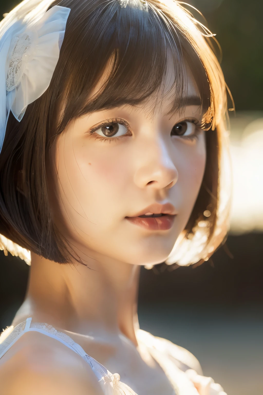 ((No makeup:1.2))、((Close-up of face:1.6))、(Realistic、Photorealistic、Very detailed、Best detailed skins、highest quality、masterpiece、超A high resolution)、Cute Japanese Woman:1.7、17 years old、high school girl、Young girl、1 girl、Has bangs、Ash Silver Hair:1.7、double eyelid、Beautiful brown eyes、Japanese style face、purity、Realistic肌タイプ、Fluffy hair、Red cheeks、The wind is blowing、night、illumination、Lighting from behind、((Short Bob Cut:1.5))、((White Lingerie:1.5))