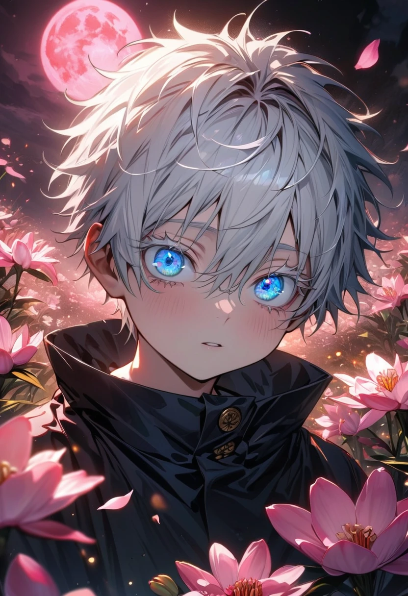 absurdres, highres, ultra detailed, HDR, master piece, best quality, extremely detailed face and eyes, Gojo Satoru, white hair with bangs, hair between the eyes, expressive blue eyes, white eyelashes, Jujutsu Kaisen, solo, little boy, cute, pink petals, pink lilies, pink moon, fireflies
