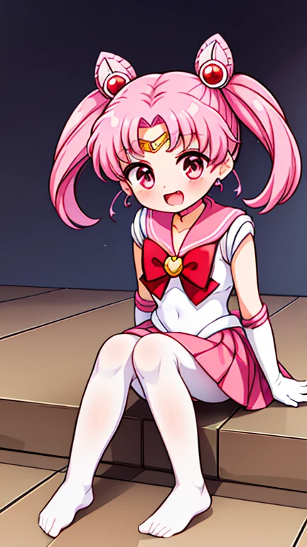 Sailor Moon，young年，Seven years old，cute，（Little Loli），Pink hair twintails，short hair，Sailor Suit，red bow，White elbow gloves，Red Skirt，no shoes，Open your mouth，laughing out loud，Fangs，(White pantyhose),soles of feet，Soles，(young)，(little man)，sit