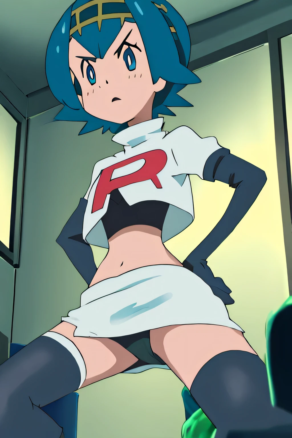 masterpiece,best quality,high res,high quality,pkmnLana,8k, masterpiece,highres, team rocket uniform, red letter r, white skirt,white crop top,black thigh-high boots, black elbow gloves, glaring angrily, looking down at viewer, hands on hips, cowboy shot, zettai ryouiki,spread legs,from below, black panties,anime style, vivid colors, sharp focus, intense lighting,