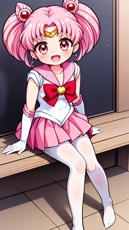 Sailor Moon,young年,Seven years old,cute,(Little Loli),Pink hair twintails,short hair,Sailor Suit,red bow,White elbow gloves,Red Skirt,no shoes,Open your mouth,laughing out loud,Fangs,(White pantyhose),soles of feet,Soles,(young),(little man),sit