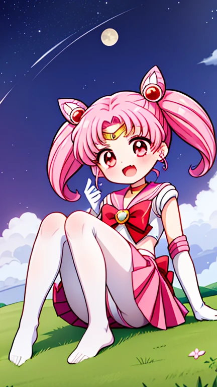 Sailor Moon，young年，Seven years old，cute，（Little ），Pink hair twintails，short hair，Sailor Suit，red bow，White elbow gloves，Red Skirt，no shoes，Open your mouth，laughing out loud，Fangs，(White pantyhose),soles of feet，Soles，(young)，(little man)，sit