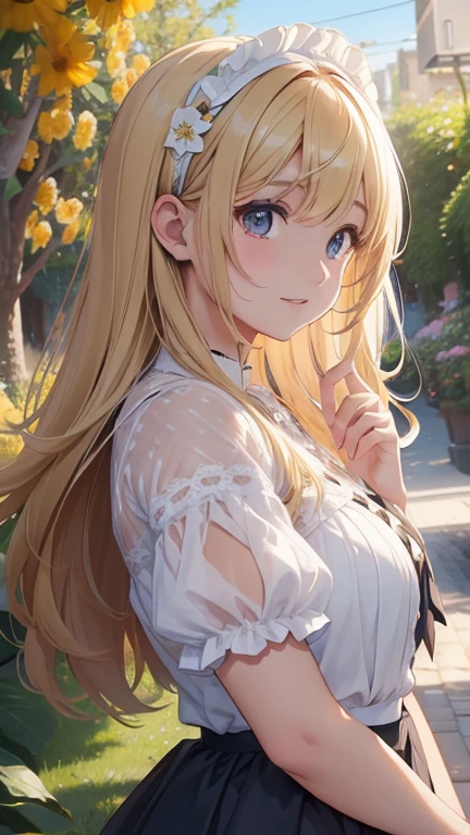mesa, high resolution, 8k, mujer anime, escritura delicada y detallada 、Detailed digital illustration、cabello corto、perm、cabello brillante、golpes、una mujer muy hermosa、Los ojos son dobles., grande, El busto es copa D.、alta calidad de imagen, alta calidad、antecedentes detallados、(((Wearing idol clothes)))、((Bajo un cielo muy soleado、flower garden background.))、El interior del ojo brilla como un diamante.、pelo amarillo claro、Gradient pupil、(((2 brazos、4 dedos, 1 pulgar)))、rostro femenino detallado、Mujer muy hermosa y linda.、、Antecedentes detalladoasterpiece、Enfoque suave , Acuarela degradada brillante , Destello de lente , (((Brillantina))) , brillo , dreamer , Minifalda cuadros vichy、idol、cinta amarilla、Accesorios para el cabello de rosas amarillas muy bonitos.、Disfraz amarillo y dorado con el blanco como color principal.、((Straight at the front angle.))、Brillantina Cat Ear Headband、Open your mouth and laugh.、Postura de agitar la mano