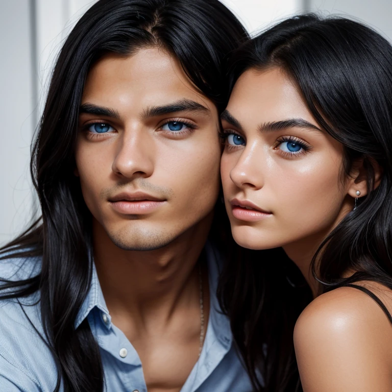 Teenage boy resting his face between the breasts of a girl with long black hair with bangs, blue eyes and huge breasts, while a boy rests his face between her breasts, while he licks her breasts