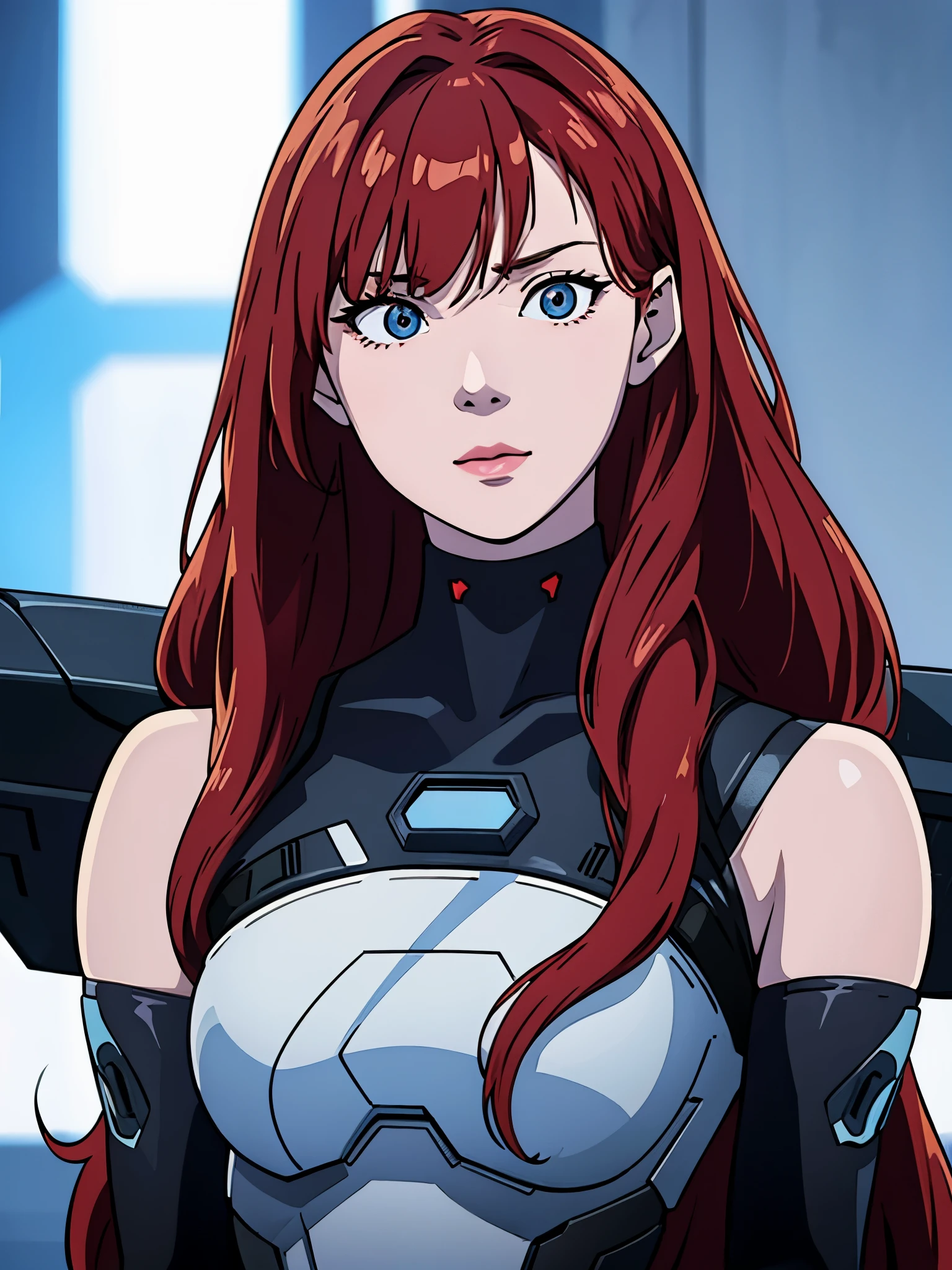 digital art drawing, illustration of (Winter from k-pop group aespa, girl, long red hair with bangs, brown eyes, metal robotic arms, evil look, cyberpunk 2077), anime drawing/art, bold linework, illustration, digital art, masterpiece, flat illustration, no shadows, 8k resolution, high detail, vector art, only anime, perfect eyes, perfect hands, sharpness, high clarity, medium close up, high fidelity
