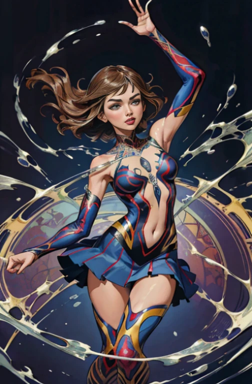 Miranda Kerr、stick out the navel、new york、She's wearing a torn Spider-Man suit,Wearing a skirt、Abstract Photorealistic、Artistic、Alphonse Mucha paintings(masterpiece、highest quality、High resolution:1.4)、detailed、複雑なdetailed、4K、Splashes of color、Line art、Fibonacci、