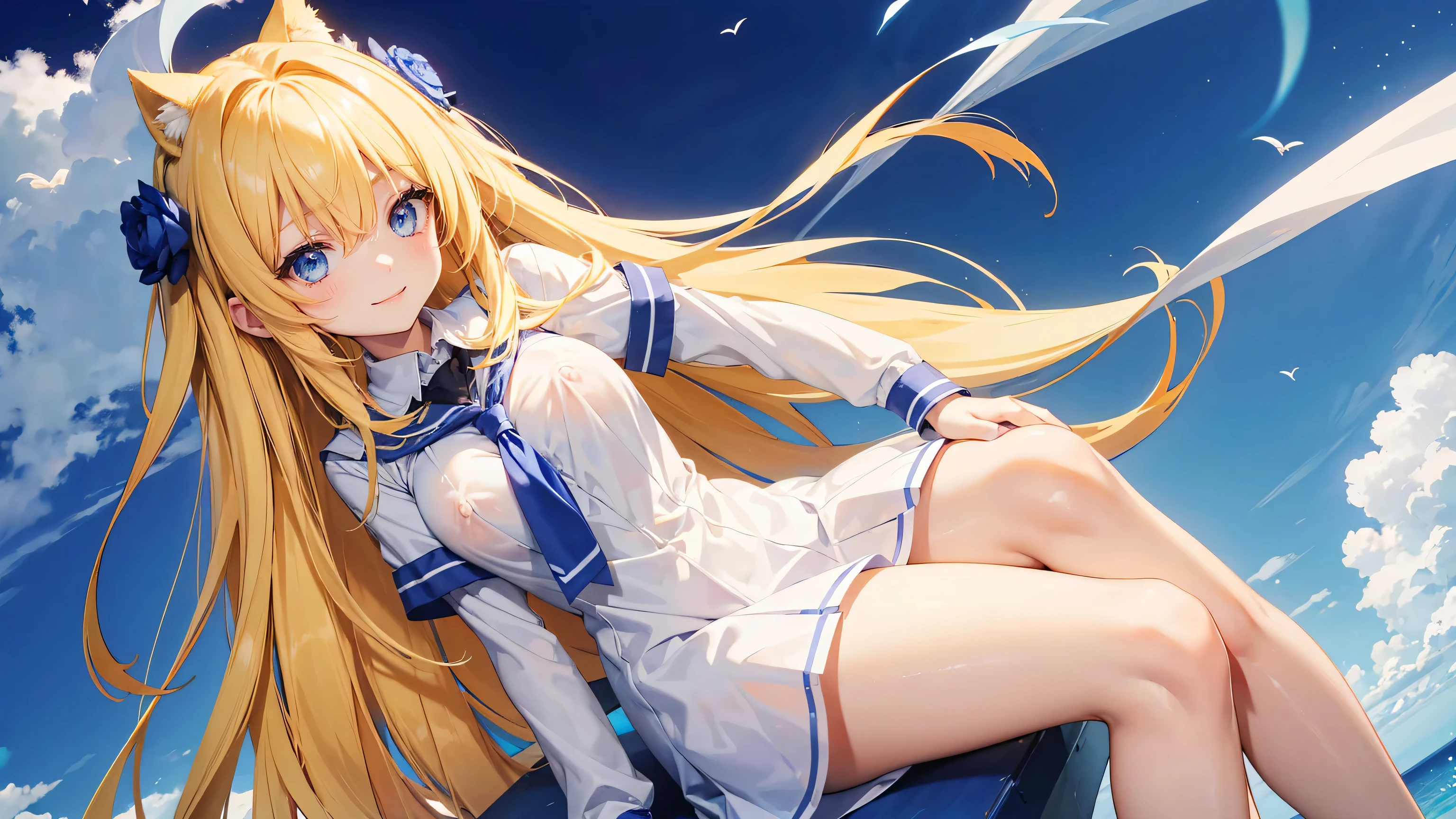 Very cute girl、、Bright yellow hair、Straight long hair、Bangs too close to the eyes、Bright Blue Eyes、(Normal ear)、Thin arms、Beautiful body、Thin legs、Big eyes、big, Shapely breasts,、Clear white skin、smile、(school uniform、white and blue uniform)、Rose Garden、super high quality、Digital SLR、I can just make out the shape of the nipples、Sit on、