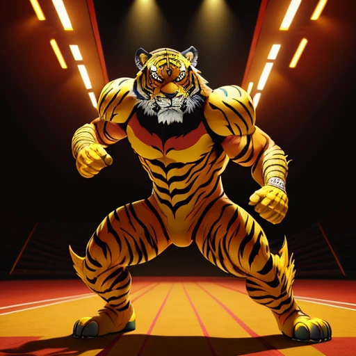 tiger mask creature, yellow and red colors, full body, Animal Anthropomorphism, realistic digital, humanoid, abstract background, global illumination, intricate, epic, dramatic, masterpiece, high detail, best quality, ultra high res, massive cock, massive balls