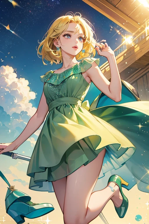 She is an olive-green with dark yellow hair and hot pink lips. She wears a sky blue dress and shoes. SPARKLE; GLITTER