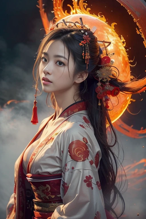 (Masterpiece:1.2), very detailed, Ultra high resolution, (realistic, photo realistic:1.37), Highly detailed RAW color photos, professional photos, Delicate and extremely beautiful, very detailed, 8k wallpaper, miraculous, exquisite details, Big file size, very detailed beautiful girl, very detailed face, very detailed eyes, very detailed skin, very detailed fingers, Highly detailed nose, Highly detailed mouth, perfect anatomy, highly detailed background, (Famous Japanese actresses:1.2), (Girls:1.5), (Flat chest:1.25), brown race, black skin, reflection, Wear a beautiful traditional floral embroidered kimono, (Intricate details about the kimono), (epic background), (red moon:1.2), (fog:1.3), Fantasy, Any position is fine., (looking at the audience),