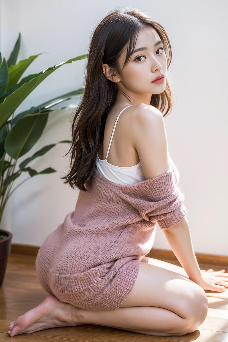 Dark brown hair、Light brown eyes、Japanese actress face、 Lady、I'Iは彼とIが好きです'I'Iは40歳くらいです.、(Intricate details:1.2)、(Which one is on top??:1.4)、 (Ultra-high resolution:1.2)、Ultra-high resolution、(Finely tuned)、(Detailed facial features)、Hmph、8k resolution、D cup size breasts、Long Hair、Large windows、Extravagant space、relax、、,Full body photo、headからつま先までのショット、Beautiful legs、Beautiful legs、A refreshing room filled with sunlight、she, household items, (plant:0.8), Fashion Hub, Extreme Detail, Very detailed, Realistic, Hourglass-shaped body, Obscene pose,、、I cry a lot、tears、person on the left、White wall、White floor、diagonally from below、Please lift your chin、Put your butt against the wall、relaxした表情、Pose of Weakness、(auraroid photo:1.2)、from outside the window、A masterpiece of transparent painting、8k、32k、highest quality、(Details of both eyes)、1 girl、elegant、(Loose knit camisole、white :1.4)、sunset、sit、(Low Angle、Take a look here、Tilt'head:1.2)、Hilarious、Looking at the camera、summer、