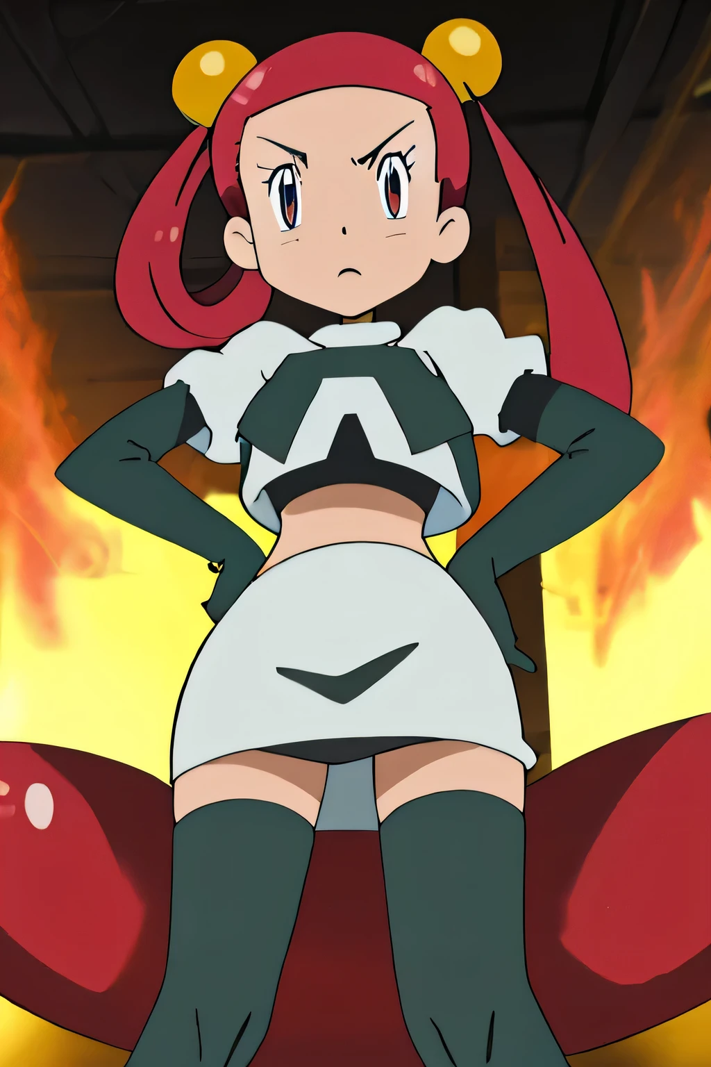 masterpiece,best quality,highres,high quality,Mira,8k, masterpiece,highres, team rocket uniform, red letter r, white skirt,white crop top,black thigh-high boots, black elbow gloves, glaring angrily, looking down at viewer, hands on hips, cowboy shot, zettai ryouiki,spread legs,from below, black panties,anime style, vivid colors, sharp focus, intense lighting,