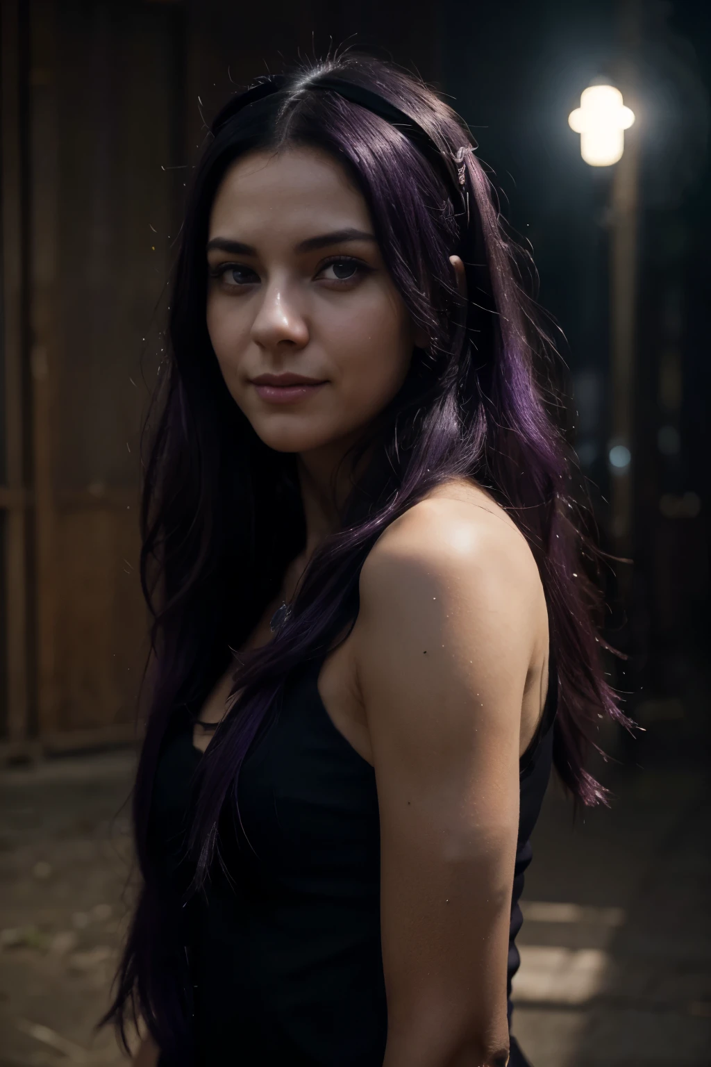 black hair, wince, longeyelashes, solid circle eyes, light smile, absurdly long hair, purple hairband, purple eyes, covering ears, naughty face, purple hairband, drop shadow, anaglyph, stereogram, pov, atmospheric perspective, Gothic art, high detail, cinematic lighting, atmospheric perspective, high detail, 8k, super detail, ccurate, best quality, masterpiece, ccurate, anatomically correct, high details, best quality, highres, HD