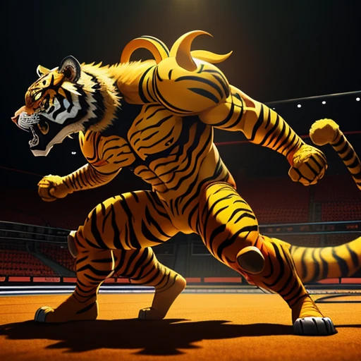 tiger mask creature, yellow and red colors, full body, Animal Anthropomorphism, realistic digital, humanoid, abstract background, global illumination, intricate, epic, dramatic, masterpiece, high detail, best quality, ultra high res, hyper muscular 