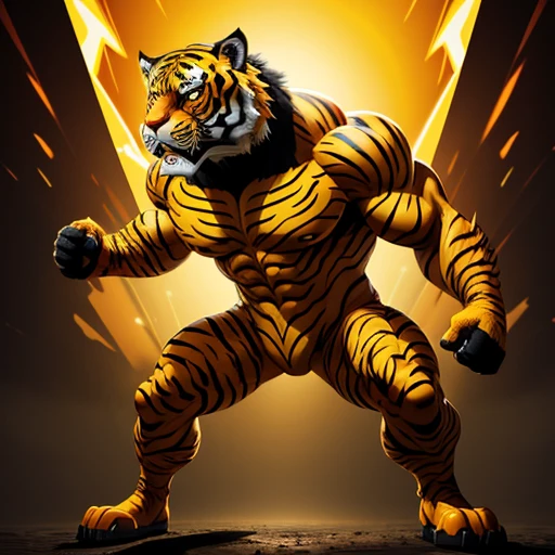 tiger mask creature, yellow and red colors, full body, Animal Anthropomorphism, realistic digital, humanoid, abstract background, global illumination, intricate, epic, dramatic, masterpiece, high detail, best quality, ultra high res, hyper muscular 