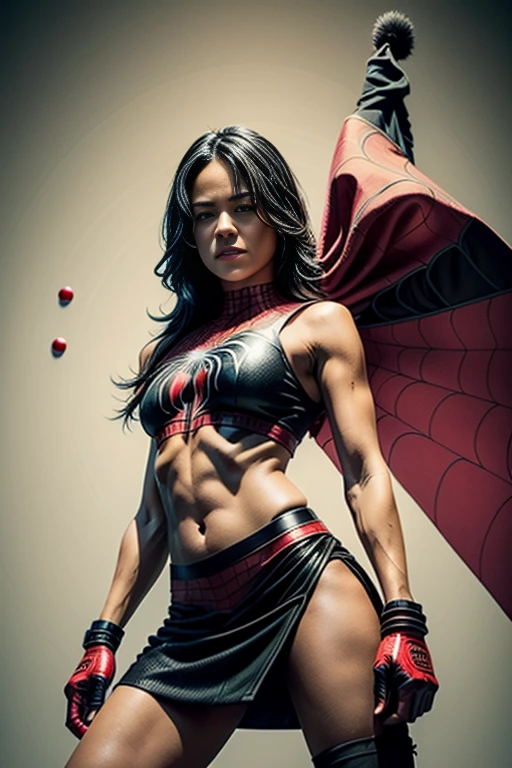 Zoë Saldana、Sticking out the navel、newyork、She wears a torn Spider-Man suit,wearing skirt、 Red and black color scheme,Dynamic、masterpiece、top-quality、ultra-detailliert、ighly detailed、beautiful detailed brilliance、超A high resolution