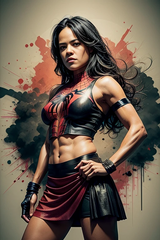 Michelle Rodriguez、stick out the navel、new york、She's wearing a torn Spider-Man suit,Wearing a skirt、 Red and black color scheme,dynamic、masterpiece、highest quality、Ultra-detailed、Very detailed、Beautiful sparkle in the details、超A high resolution