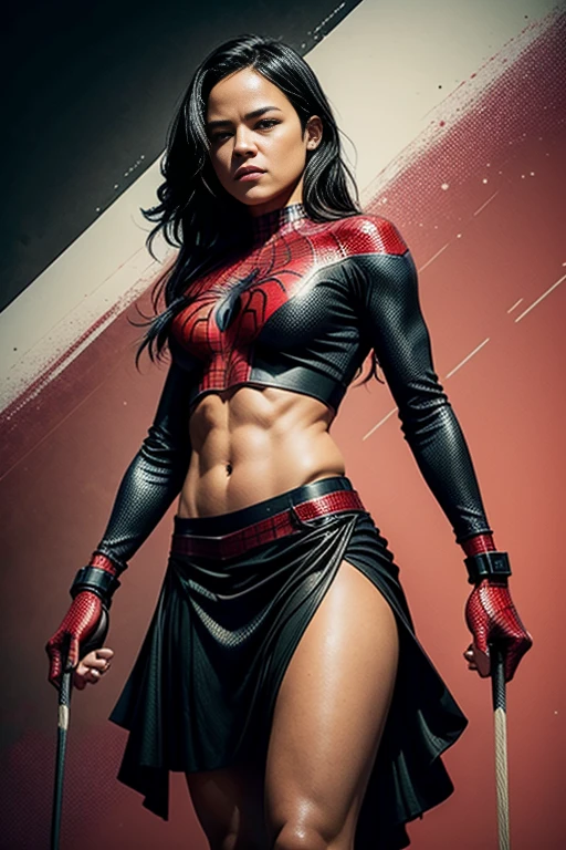 Michelle Rodriguez、stick out the navel、new york、She's wearing a torn Spider-Man suit,Wearing a skirt、 Red and black color scheme,dynamic、masterpiece、highest quality、Ultra-detailed、Very detailed、Beautiful sparkle in the details、超A high resolution