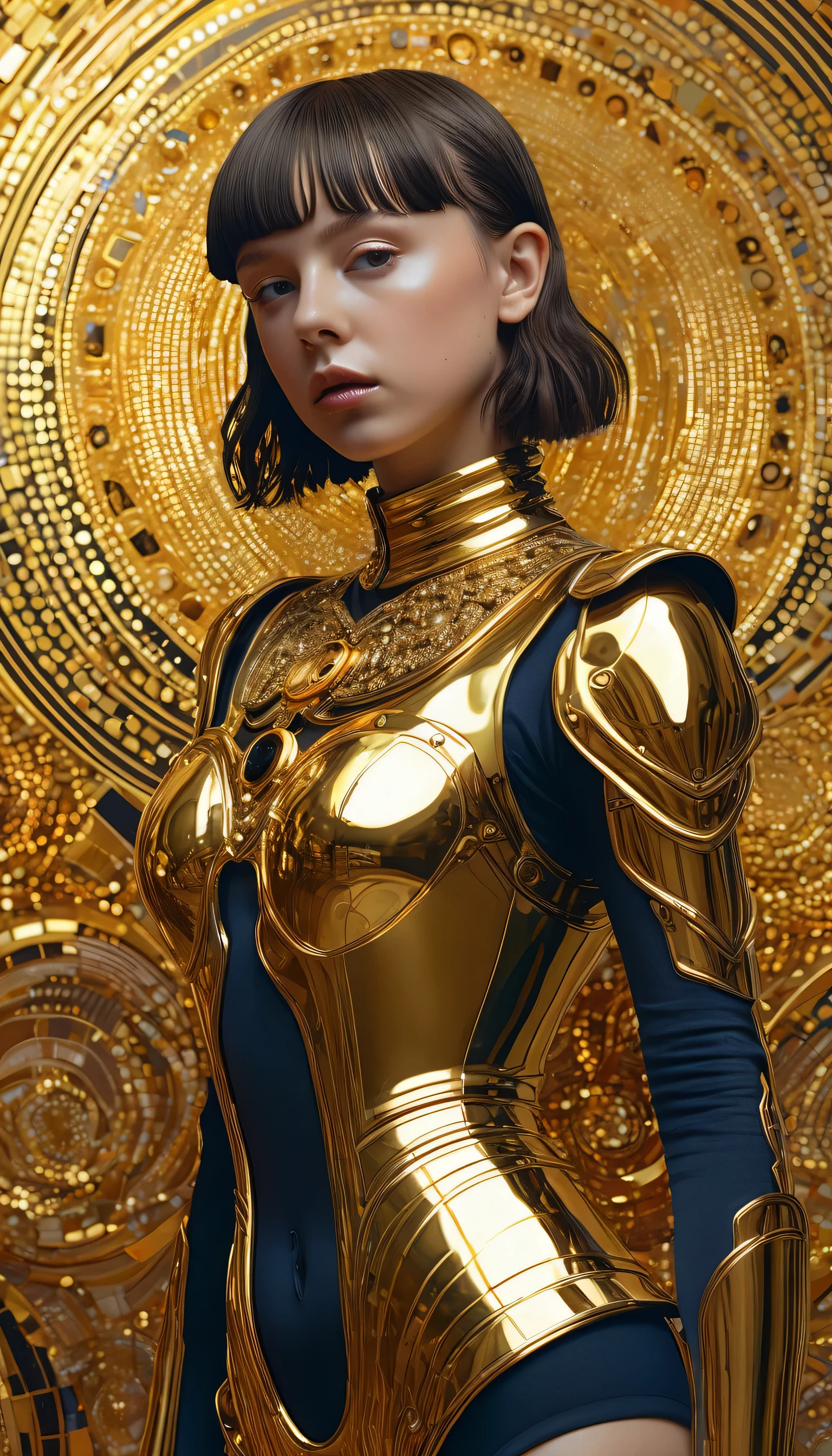 **Film still, mid shot, full Body, Action Movie Photography, 3D digital artwork, photorealistic, new pixel art for a strippunk young Woman with a gold heart, Millie Bobby Brown, , in the style of Hajimi Sorayama, Steampunk Summer Edition, mythological iconography, raw versus finished, vibrant, Astral Dimension Dreams, contrasting colors, fra angelico, gold and amber, Hundertwasser Style Background, low light, 32k, masterpiece, graffiti paint, fine detail, brilliant color, intricate detail, golden ratio, Unreal Engine 5, hyperrealism, fine Poster effect, 3ds max Render, hyperrealism, full Body, realistic skin texture, Low saturation, global illuminated, --c 50 --s 750