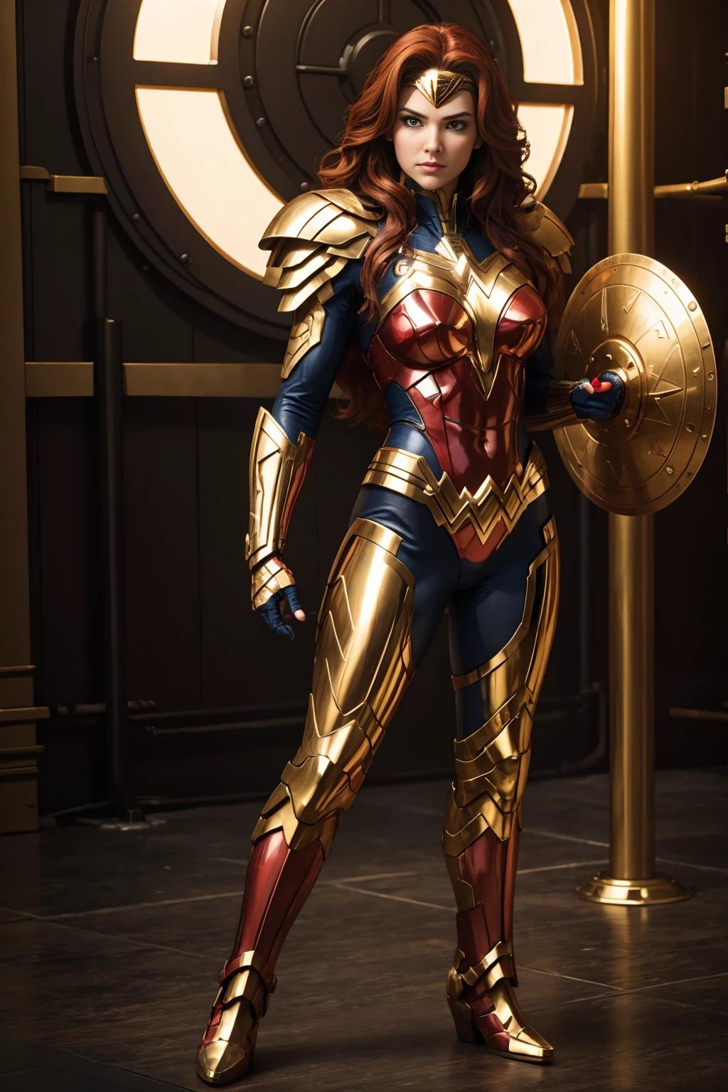(((full body photo))) Wonder Woman (best quality,ultra-detailed,realistic:1.37),(studio lighting,HDR,vivid colors,physically-based rendering),(portrait),red-haired warrior with yellow eyes wearing a black and gold Superman armor,standing tall with feet on the ground