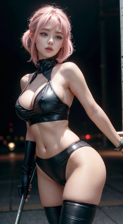 8k, masterpiece, RAW photo, best quality, photorealistic, extremely detailed CG unity 8k wallpaper, Depth of field, Cinematic Light, Lens Flare, Ray tracing, (extremely beautiful face, beautiful lips, beautiful eyes), intricate detail face, ((ultra detailed skin)) 1girl, Beautiful woman,1个Giant Breast Girl,pink haired woman,Fighting posture,black pantyhoses,black glove,Sports bra,jewely,shorter pants,J thighs。Pink hair,drill bit,Asymmetrical hair (work of art), (masterpiece), (best quality), a, (blue eyes), wearing high heels,black heel, red bow, , butts , full figure ,full body photohead to toes , standing beside poles showing , beautiful cute smile, showing big curved , long legs, beautiful thighs, thigh highs