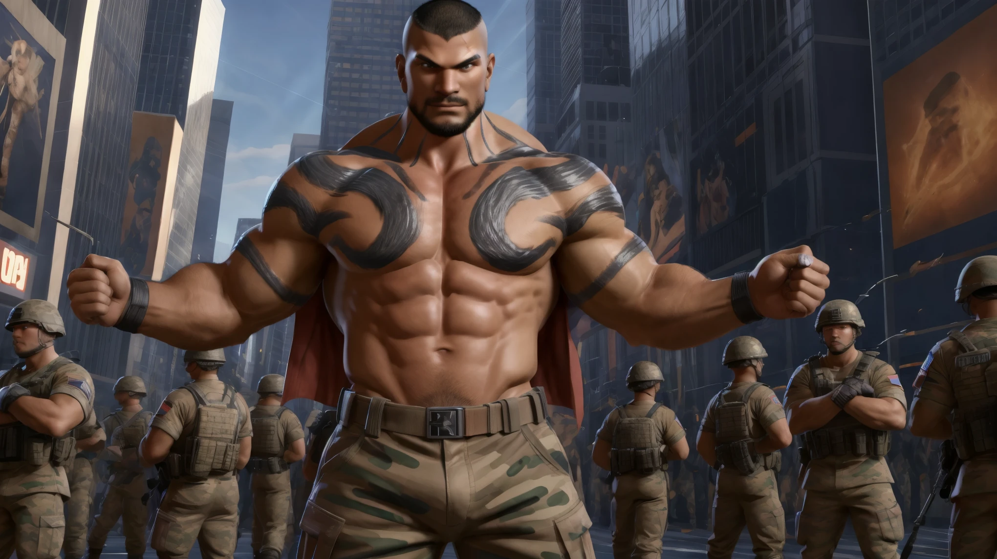 ((Extreme long shot, eye level, single,)), (looking at viewer, evil smile), hyperrealistic, (masterpiece), high details, ultra-realistic, octan light, 32k, | high resolution, photo-realistic, ultra clear, bokeh, high detail iconic character, highly detailed character, | A dark skin muscular soldier commander in ((US Army uniform, army pants):1.2) but shirt-less with fist in the air on the battlefield in time square new york | In the style of transformers movie | (bara pecs:1.3), ((day light, god rays):1.2), (bulge:0.4)