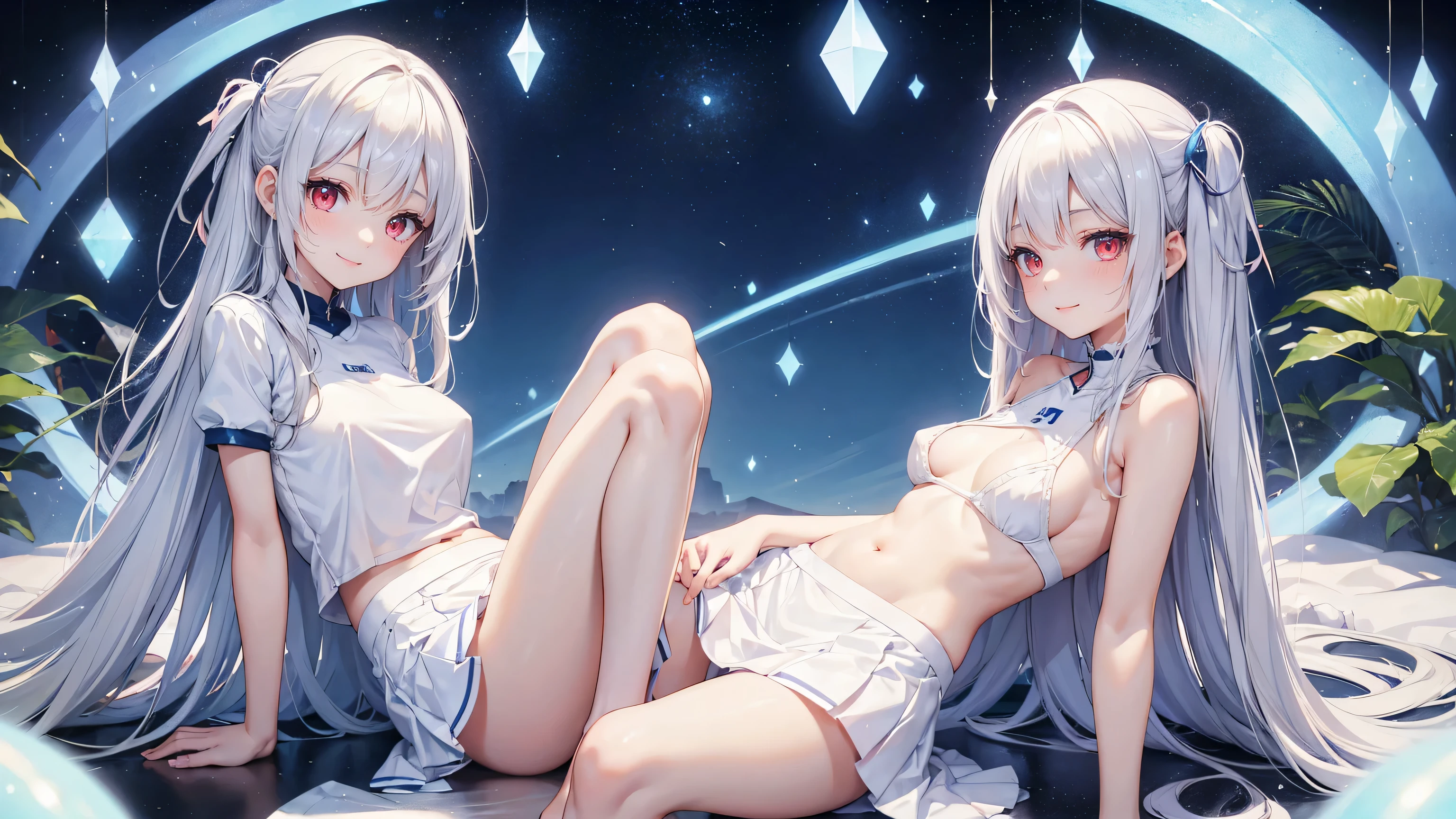Very cute girl、()、White Hair、Long Straight Hair、Bangs are too close to the eye、Light red eyes、(Normal human ear)、Thin arms、Beautiful body、Slim legs、Shapely breasts、Transparent white skin、smile、(T-Shirtini skirt、White and blue)、I can just make out the shape of the nipples、Ultra HD、Digital SLR,Sit on、